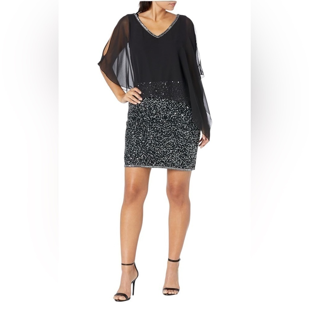 JKARA NWT Beaded Sequins Sparkle Cape Shawl Black Dress 18W